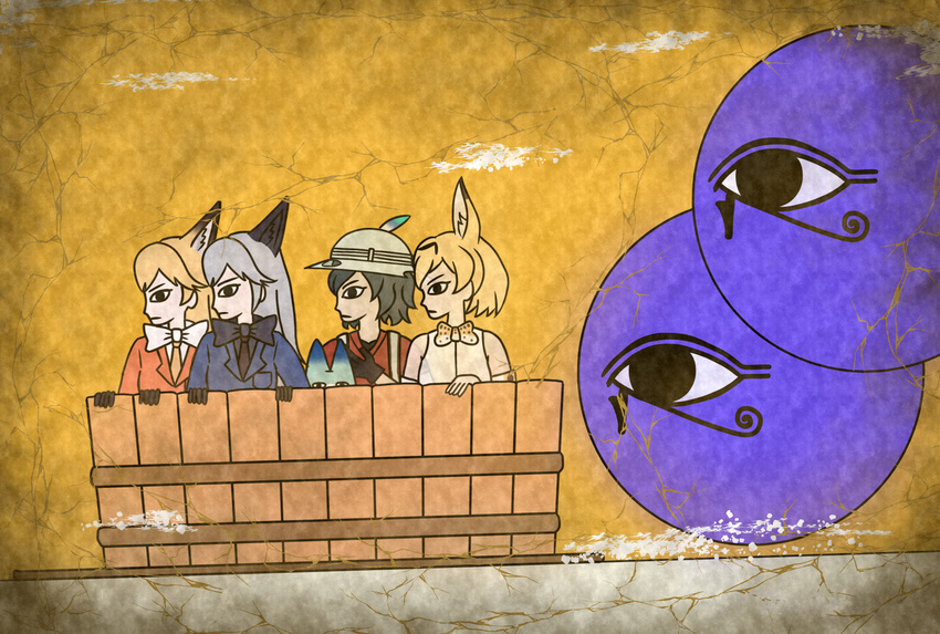 animal_ears backpack bag bare_shoulders black_bow black_eyes black_gloves black_hair black_neckwear black_shirt blazer blonde_hair bow bowtie breast_pocket brown_eyes brown_footwear cerulean_(kemono_friends) closed_mouth commentary crack egyptian_art elbow_gloves eye_of_horus ezo_red_fox_(kemono_friends) fox_ears from_side gloves hat hat_feather helmet high-waist_skirt highres jacket kaban_(kemono_friends) kemono_friends kita_(7kita) long_hair lucky_beast_(kemono_friends) multiple_girls necktie pith_helmet pocket profile red_shirt serval_(kemono_friends) serval_ears serval_print serval_tail shirt shoes short_hair short_sleeves shorts silver_fox_(kemono_friends) silver_hair single_eye sitting skirt sleeveless sleeveless_shirt striped_tail tail tub white_bow white_footwear white_neckwear white_shirt white_shorts yellow_background yellow_neckwear