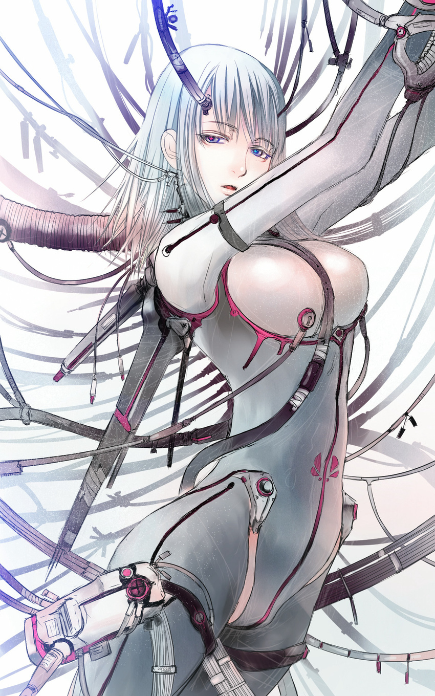 1girl arms_up blame! blue_eyes bodysuit breasts cable cibo commentary_request cyberpunk cyborg dated eyebrows_visible_through_hair highres long_hair looking_at_viewer medium_breasts open_mouth pale_skin sketch solo subdermal_port symbol-shaped_pupils white_bodysuit white_hair zaz
