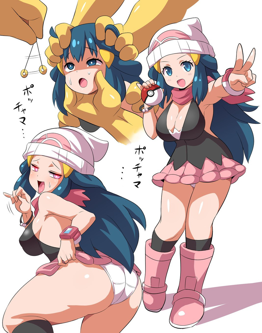 :d alternate_breast_size armpit_peek ass bare_shoulders beanie black_legwear black_vest blue_eyes blue_hair blush boots bracelet breasts cleavage fellatio_gesture forced foreshortening from_behind full_body gen_1_pokemon glowing glowing_eyes half-closed_eyes hand_up hat highres hikari_(pokemon) holding holding_poke_ball hypno hypnosis jewelry knee_boots kneehighs konno_tohiro large_breasts long_hair looking_at_viewer looking_back mind_control motion_lines naughty_face open_mouth out_of_frame outstretched_arm panties pantyshot pantyshot_(standing) pink_footwear pink_scarf pink_skirt pleated_skirt poke_ball pokemon pokemon_(creature) pokemon_(game) pokemon_dppt scarf shadow shiny shiny_skin sideboob simple_background skirt skirt_lift smile standing sweat thick_thighs thighs tongue tongue_out translated underwear v vest watch white_background white_hat white_panties wristwatch