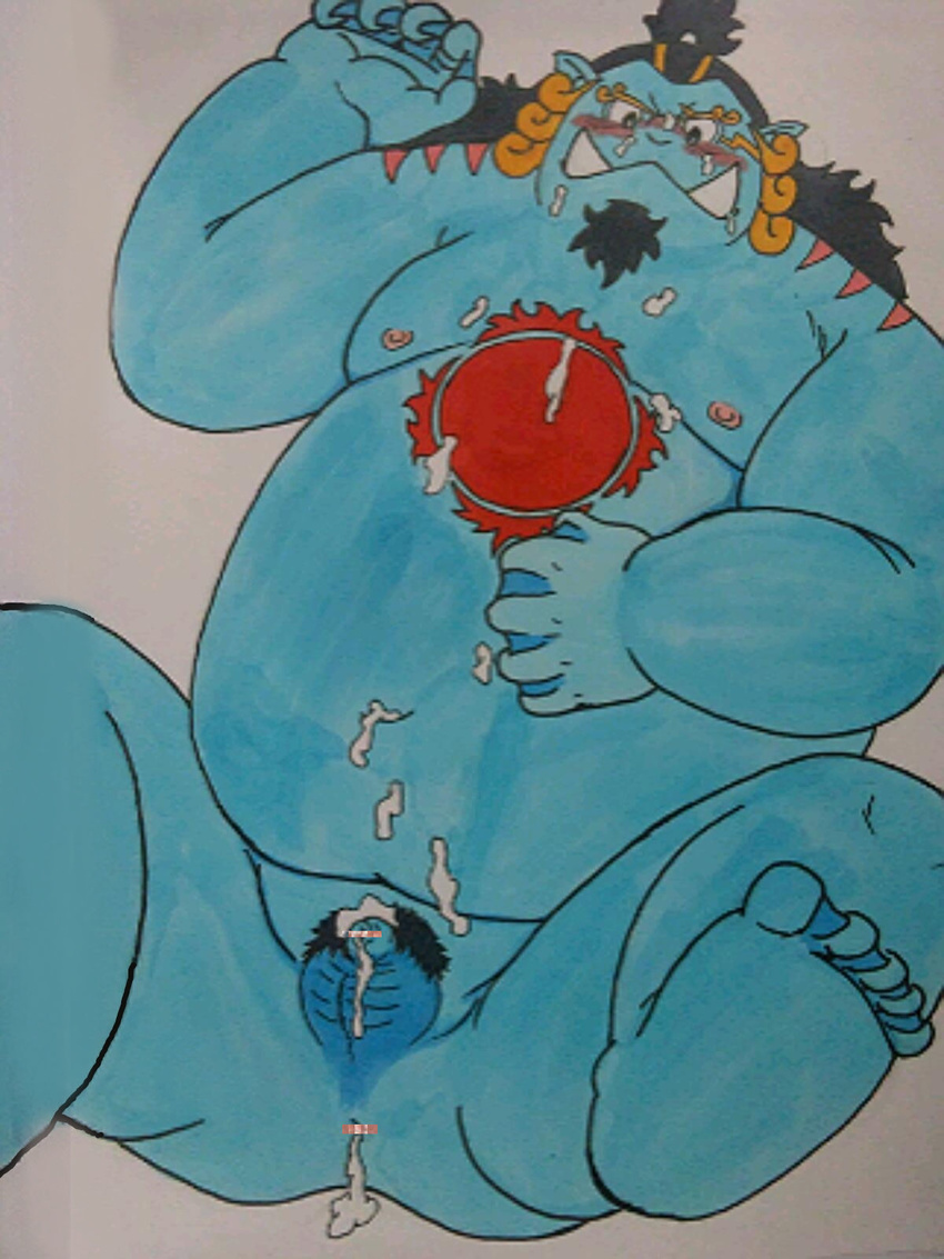 2013 after_sex blush cum cum_in_ass cum_inside cum_on_chest cum_on_face cum_on_penis cum_on_stomach fish genburyuu jinbe male marine obese one_piece overweight penis simple_background sitting solo traditional_media_(artwork) watercolor_(artwork) white_background