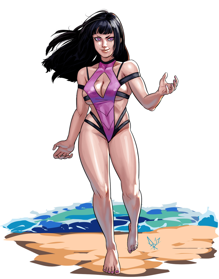 barefoot black_hair breasts cleavage cleavage_cutout diepod full_body hair_down han_juri highres one-piece_swimsuit purple_eyes smile solo street_fighter swimsuit toenail_polish