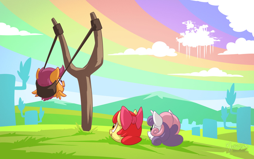 2017 angry_birds apple_bloom_(mlp) catapult cloud crossover cutie_mark_crusaders_(mlp) equine feathered_wings feathers female feral friendship_is_magic grass group hair horn horse hybrid mammal multicolored_hair my_little_pony mysticalpha orange_feathers outside pegasus pony purple_hair red_hair scootaloo_(mlp) sky sweetie_belle_(mlp) unicorn video_games wings