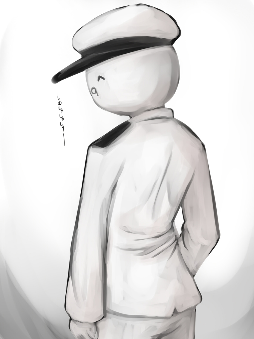 ^q^ admiral_(kantai_collection) boom-kun comic commentary_request cowboy_shot epaulettes from_behind goma_(gomasamune) greyscale hand_in_pocket hat highres jacket kantai_collection long_sleeves looking_back male_focus military military_hat military_uniform monochrome pants peaked_cap shadow solo translated uniform white_background