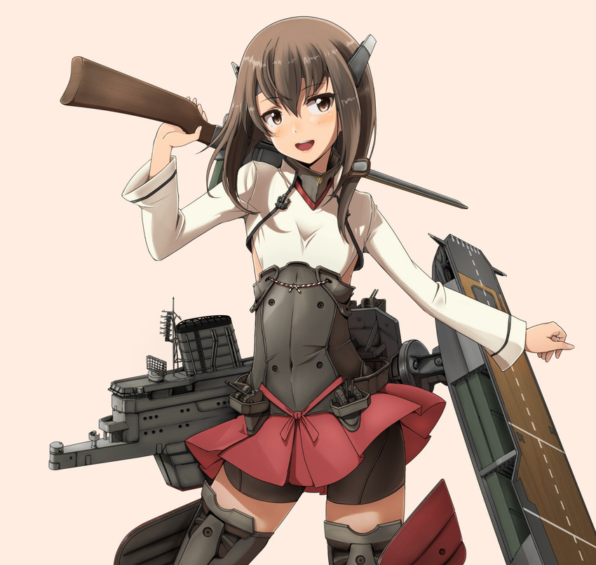 :d bike_shorts brown_eyes brown_hair eyebrows_visible_through_hair flight_deck hair_between_eyes headband headgear highres kantai_collection long_hair long_sleeves open_mouth pink_background pleated_skirt red_skirt shirt simple_background skirt smile solo taihou_(kantai_collection) tr-6 white_shirt
