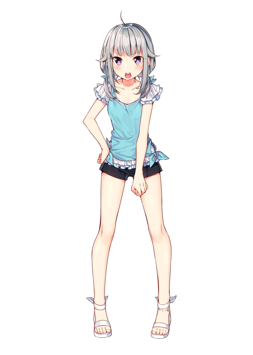 :o absurdres ahoge bangs black_shorts blouse blue_blouse collarbone eyebrows_visible_through_hair feet full_body hair_flaps hand_on_hip high_heels highres legs legs_apart looking_at_viewer low_twintails open_mouth open_toe_shoes original purple_eyes sakuragi_ren sandals shinonome_an shoes shorts silver_hair solo standing teeth toes transparent_background twintails v-shaped_eyebrows