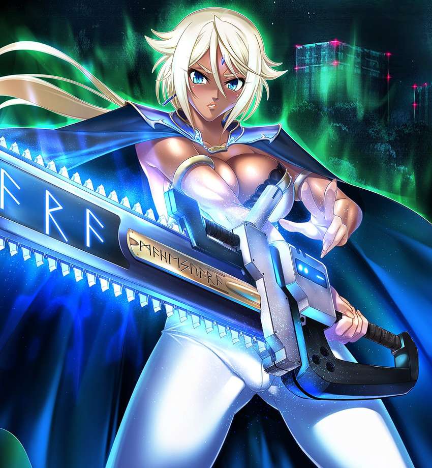 00s 1girl aura bangs blue_eyes breasts cape cara_the_blood_lord chainsaw cleavage dark_skin earrings female forehead_jewel hair_between_eyes jewelry kagami_hirotaka large_breasts lilith-soft lipstick looking_at_viewer makeup marika_krishna night serious sidelocks silver_hair solo spread_legs taimanin_(series) taimanin_asagi taimanin_asagi_battle_arena