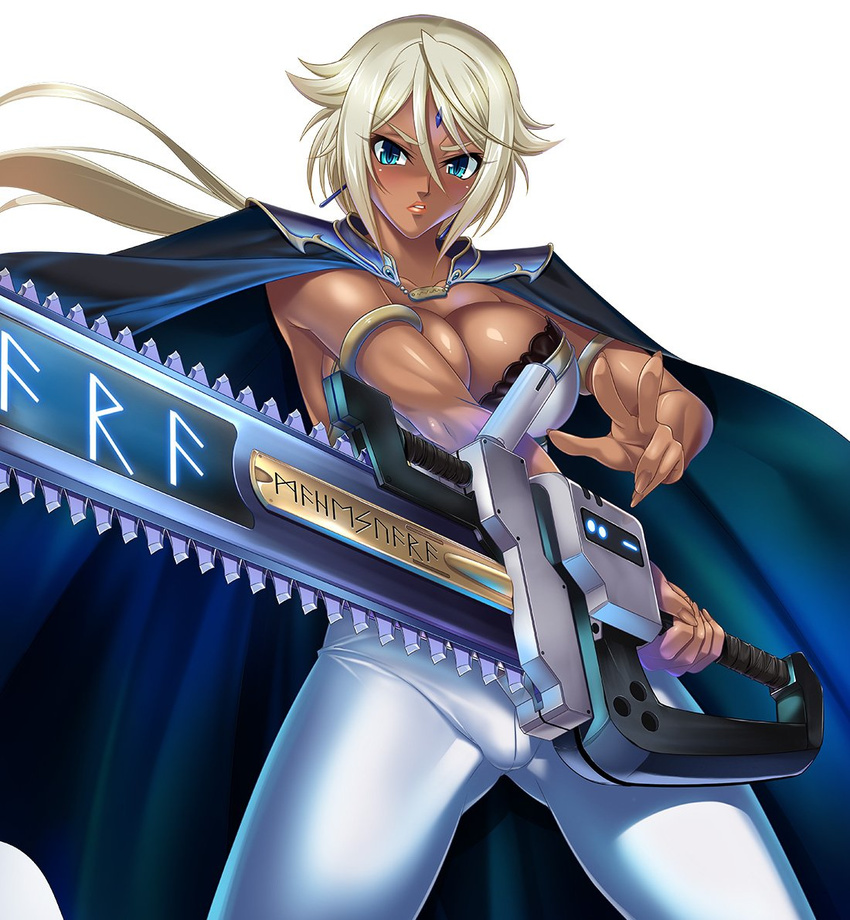 00s 1girl bangs blue_eyes breasts cape cara_the_blood_lord chainsaw cleavage dark_skin earrings female forehead_jewel hair_between_eyes jewelry kagami_hirotaka large_breasts lilith-soft lipstick looking_at_viewer makeup marika_krishna serious sidelocks silver_hair solo spread_legs taimanin_(series) taimanin_asagi taimanin_asagi_battle_arena