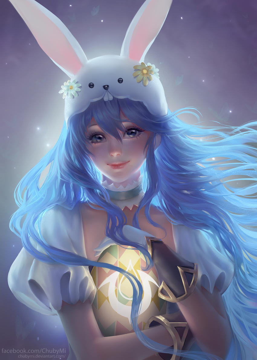 absurdres animal_ears animal_hat artist_name bangs blue_choker blue_eyes blue_hair bunny_ears bunny_hat choker chuby_mi closed_mouth deviantart_username easter easter_egg egg eyelashes facebook_username fake_animal_ears fire_emblem fire_emblem:_kakusei fire_emblem_heroes flower frilled_choker frills gloves hair_between_eyes hat hat_flower highres holding lips long_hair looking_at_viewer lucina nose oversized_object pink_lips realistic red_lips short_sleeves smile solo sparkle upper_body watermark web_address white_hat