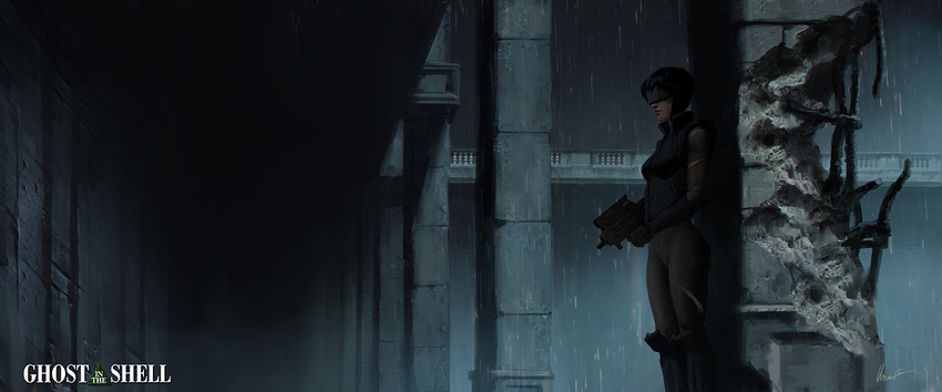 albert_urmanov black_hair body_armor bodysuit boots bullet_hole bulletproof_vest cyberpunk cyborg ghost_in_the_shell gloves gun kusanagi_motoko logo museum rain realistic ruins science_fiction spoilers submachine_gun vest vr_visor weapon