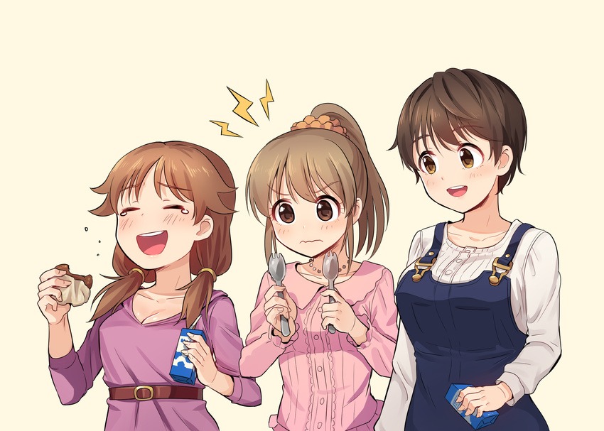 :d belt biscuit blouse blush breasts brown_eyes brown_hair buttons cleavage closed_eyes closed_mouth collarbone crumbs dress eating eyebrows_visible_through_hair eyelashes food frown furrowed_eyebrows high_ponytail highres holding holding_food hori_yuuko idolmaster idolmaster_cinderella_girls jewelry kamille_(vcx68) katagiri_sanae large_breasts laughing light_brown_hair lightning_bolt looking_at_another low_twintails medium_hair milk_carton multiple_girls necklace oikawa_shizuku open_mouth overalls pink_blouse ponytail purple_dress scrunchie sexy_guilty shirt short_hair short_twintails sidelocks simple_background small_breasts smile spiked_hair spork tearing_up teeth twintails upper_body wavy_mouth white_shirt yellow_background yellow_eyes