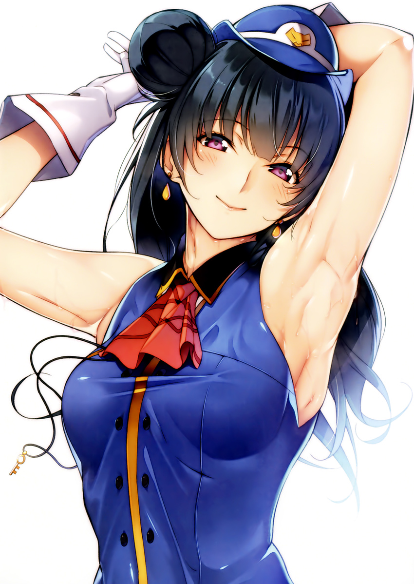 absurdres armpits arms_behind_head arms_up ascot bangs bare_shoulders black_hair blue_hat blunt_bangs blush breasts brown_eyes buttons closed_mouth double-breasted earrings eyebrows_visible_through_hair gloves hair_bun happy_party_train hat head_tilt highres jewelry key lips long_hair looking_at_viewer love_live! love_live!_sunshine!! medium_breasts nanao_(mahaya) scan simple_background sleeveless smile solo sweat tsushima_yoshiko white_background white_gloves