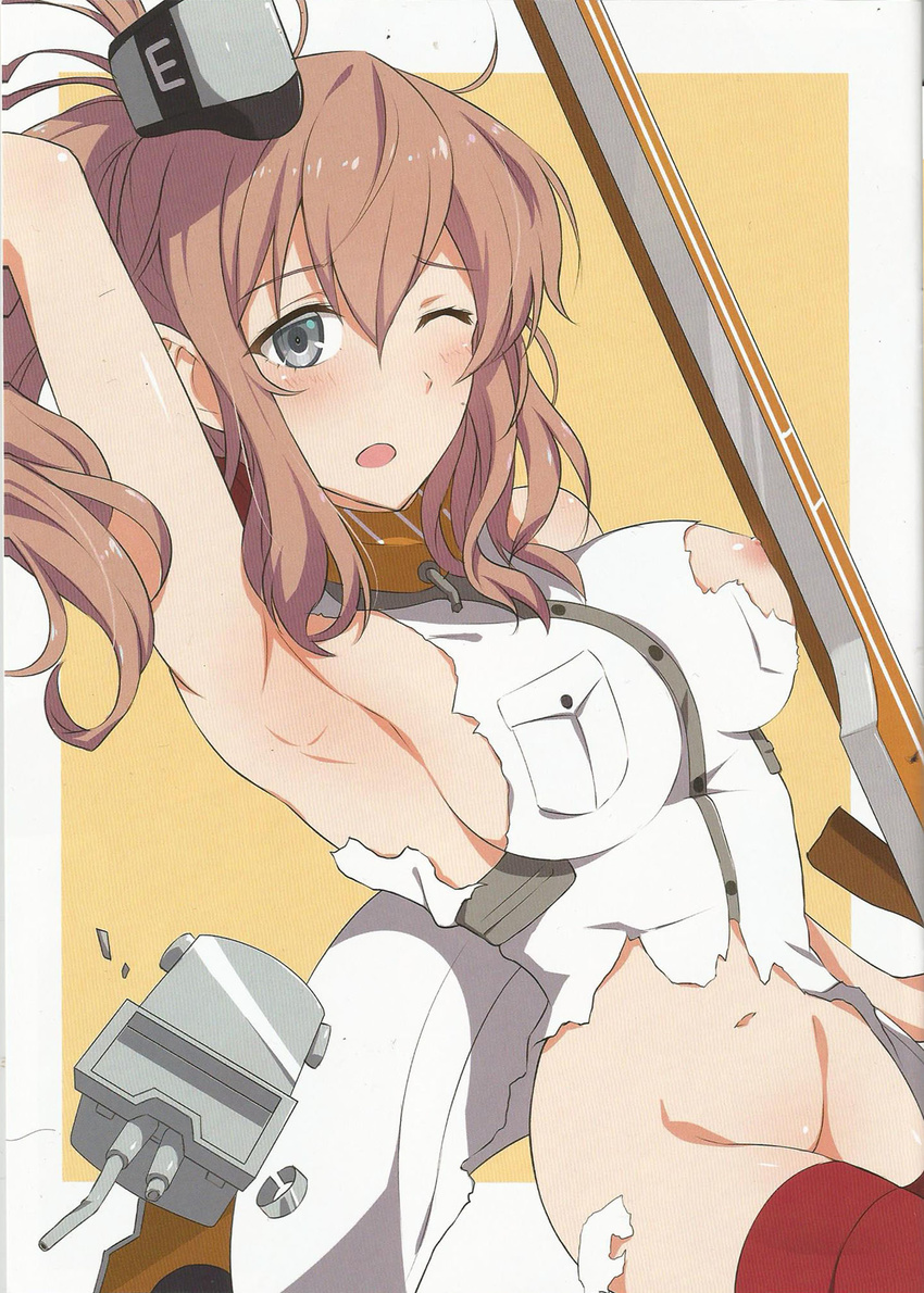 ;o arm_up armpits bare_shoulders blue_eyes blush border bottomless breast_pocket breasts brown_hair buttons collar cowboy_shot eyebrows_visible_through_hair flight_deck grey_hat groin hair_between_eyes highres jacket kanden_suki kantai_collection long_hair looking_at_viewer machinery medium_breasts navel nipples one_eye_closed one_side_up open_mouth outside_border pocket red_legwear saratoga_(kantai_collection) scan shiny shiny_skin sideboob simple_background sleeveless solo stomach thighhighs torn_jacket white_border white_jacket yellow_background