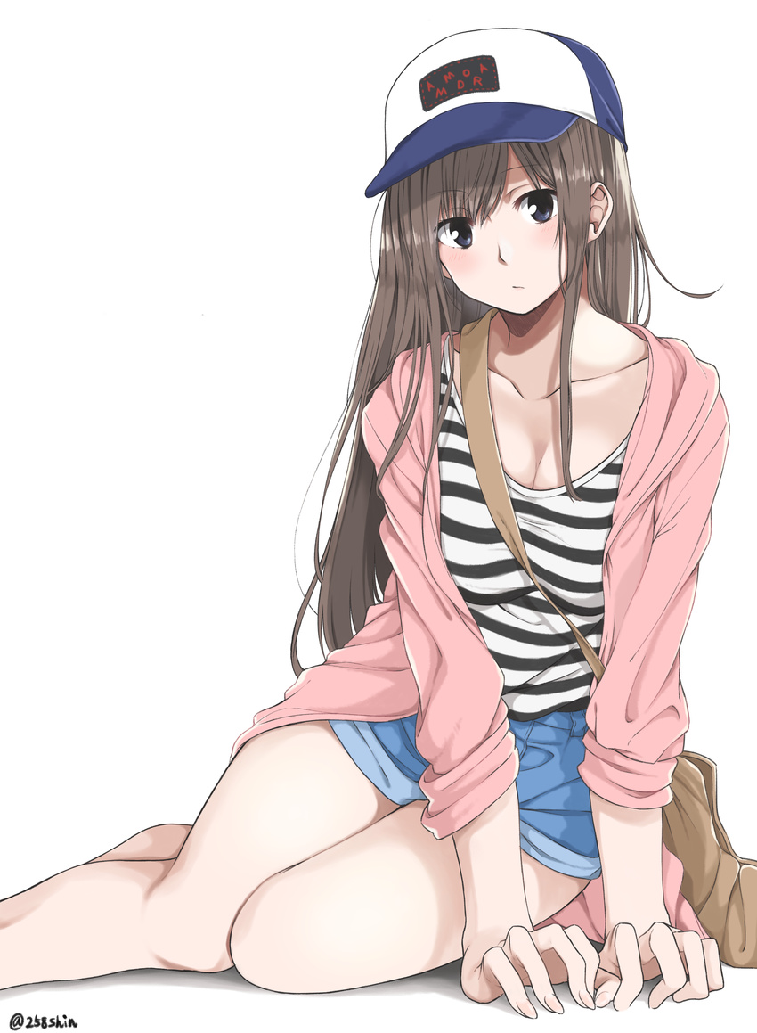 absurdres amu_(258shin) baseball_cap black_eyes blue_shorts blush breasts brown_hair cleavage collarbone eyebrows_visible_through_hair hat highres jacket large_breasts long_hair looking_at_viewer open_clothes open_jacket original pink_jacket shirt short_shorts shorts signature simple_background solo striped striped_shirt twitter_username very_long_hair white_background