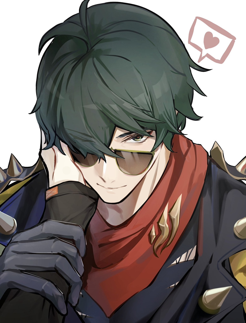 2boys bandana bandana_around_neck black_gloves black_jacket black_shirt closed_mouth commentary_request gloves green_eyes green_hair hair_between_eyes hand_on_another's_arm hand_on_another's_face heart highres jacket lighter_(zenless_zone_zero) long_sleeves male_focus multiple_boys nmmm_mm out_of_frame outstretched_arm parted_bangs red_bandana shirt simple_background smile solo_focus speech_bubble spiked_jacket spikes spoken_heart sunglasses upper_body white_background wise_(zenless_zone_zero) yaoi zenless_zone_zero