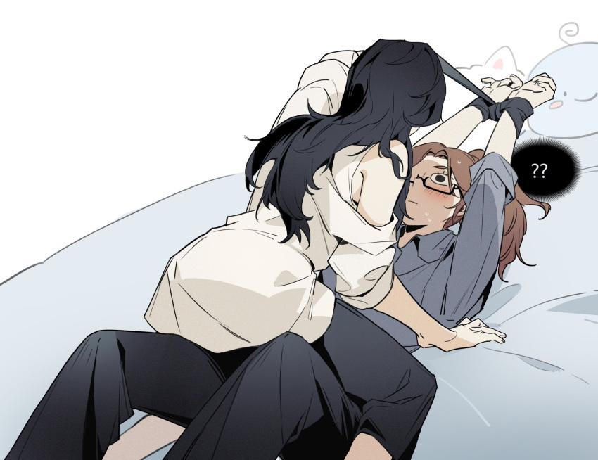 2girls ? akechi_(826988799) black_hair black_pants blush bound bound_wrists brown_hair character_request closed_mouth commentary_request glasses grey_shirt highres k-pop multiple_girls off_shoulder on_bed pants ponytail real_life shirt sleeves_rolled_up spoken_question_mark straddling stuffed_toy sweat white_shirt yuri