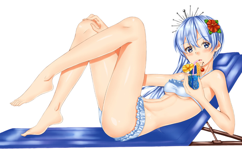 beach_chair bikini bikini_skirt blue_eyes breasts cherry cleavage cocktail cocktail_umbrella commentary_request drinking_straw flower food fruit glass hair_flower hair_ornament orange orange_slice rwby scar sere_(y_ashiagaru) small_breasts solo swimsuit weiss_schnee white_hair