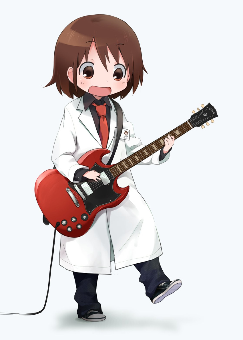 alternate_costume blush brown_eyes brown_hair closed_labcoat commentary_request eyebrows_visible_through_hair guitar highres holding holding_instrument id_card instrument kill_me_baby labcoat looking_away looking_down necktie okayparium open_mouth oribe_yasuna plectrum red_neckwear short_hair smile solo