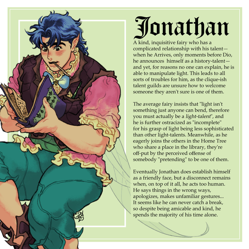 alternate_ears blue_hair blush book bow bowtie crossover disney_fairies_(book_series) disney_fairies_(movie_series) fairy fairy_wings garuye jojo_no_kimyou_na_bouken jonathan_joestar lips phantom_blood plant_clothing pointy_ears vest wings