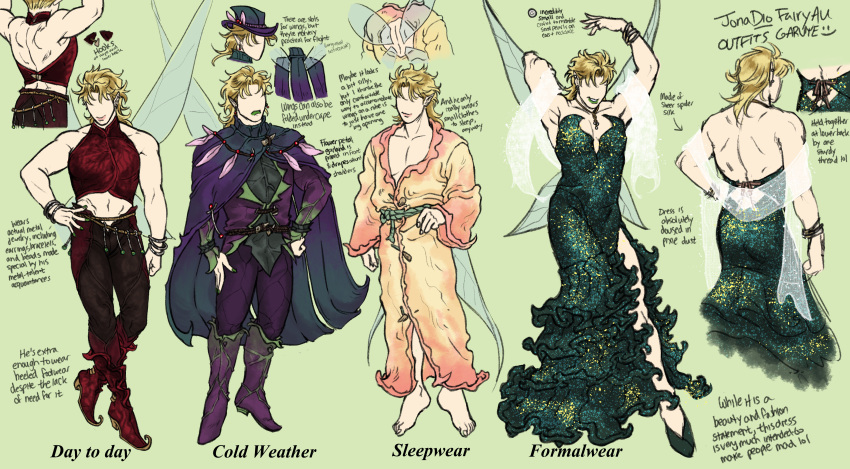 1boy absurdres adapted_costume alternate_costume alternate_ears back_cutout blonde_hair clothing_cutout crossdressing crossdressing_(mtf) crossover dio_brando disney_fairies_(book_series) disney_fairies_(movie_series) fairy fairy_wings garuye hat highres jojo_no_kimyou_na_bouken lips male_focus muscular phantom_blood plant_clothing pointy_ears stardust_crusaders top_hat wings