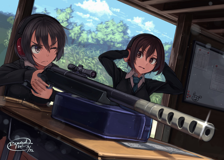 2girls aiming artist_name bag bench bolt_action brown_eyes brown_hair cardigan cloud commentary_request covering_ears day desk drawing dreadtie gun hair_between_eyes highres indoors multiple_girls muzzle_brake necktie one_eye_closed original rifle scared school_desk school_uniform scope sky tree weapon whiteboard