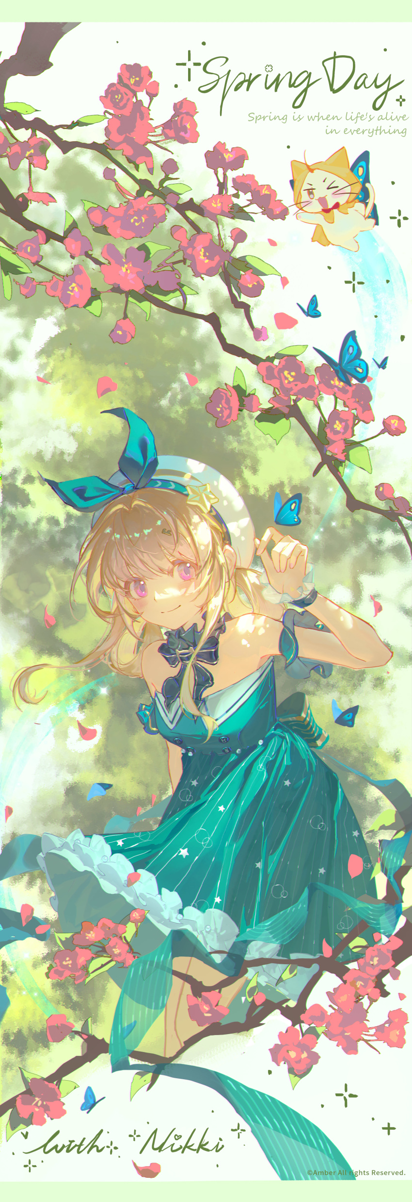 &gt;_o 1girl absurdres ahoge animal aqua_dress back_bow bare_shoulders beret blonde_hair blue_bow blue_bowtie blue_brooch blue_butterfly blue_choker blue_shorts blue_sleeves blue_wings blue_wrist_cuffs bow bowtie branch brooch brown_eyes bubbly_voyage_(infinity_nikki) bug butterfly butterfly_on_hand butterfly_wings buttons cat cherry_blossoms chinese_commentary choker cloak closed_mouth clothed_animal collared_dress commentary_request copyright_name copyright_notice cropped_legs day detached_sleeves dress ear_covers english_text eyelashes falling_petals flower flying forest frilled_choker frilled_dress frilled_wrist_cuffs frills hair_intakes hair_ornament hair_rings hairclip hand_up happy hat hat_bow hat_ornament highres hood hood_up hooded_cloak infinity_nikki insect_wings jewelry lanwu-sama light_particles momo_(nikki) nature nikki_(series) one_eye_closed open_mouth outdoors petals pink_eyes pink_flower pleated_dress pleated_sleeves red_bow red_bowtie short_dress short_hair_with_long_locks short_sleeves shorts shorts_under_dress smile solo sparkle spring_(season) standing star_(symbol) star_hat_ornament strapless strapless_dress striped_bow striped_bowtie striped_clothes striped_dress tareme traditional_bowtie vertical-striped_clothes vertical-striped_dress whiskers white_cat white_hat winged_animal wings wrist_cuffs yellow_cloak