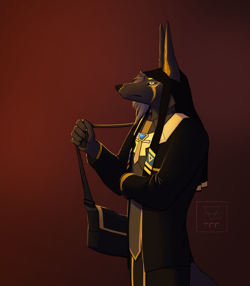 2017 anthro anu anubian_jackal anubis bag black_fur black_sclera canine clothed clothing deity digital_media_(artwork) egyptian fur hair hat jackal jewelry kavaeric looking_at_viewer male mammal p700 science_fiction shirt simple_background solo standing suit