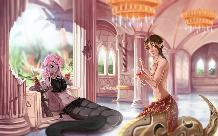 anthro brown_hair clothed clothing detailed_background duo female fruitbloodmilkshake gun hair holding_object holding_weapon male navel pink_air pink_hair ranged_weapon reptile scalie snake weapon