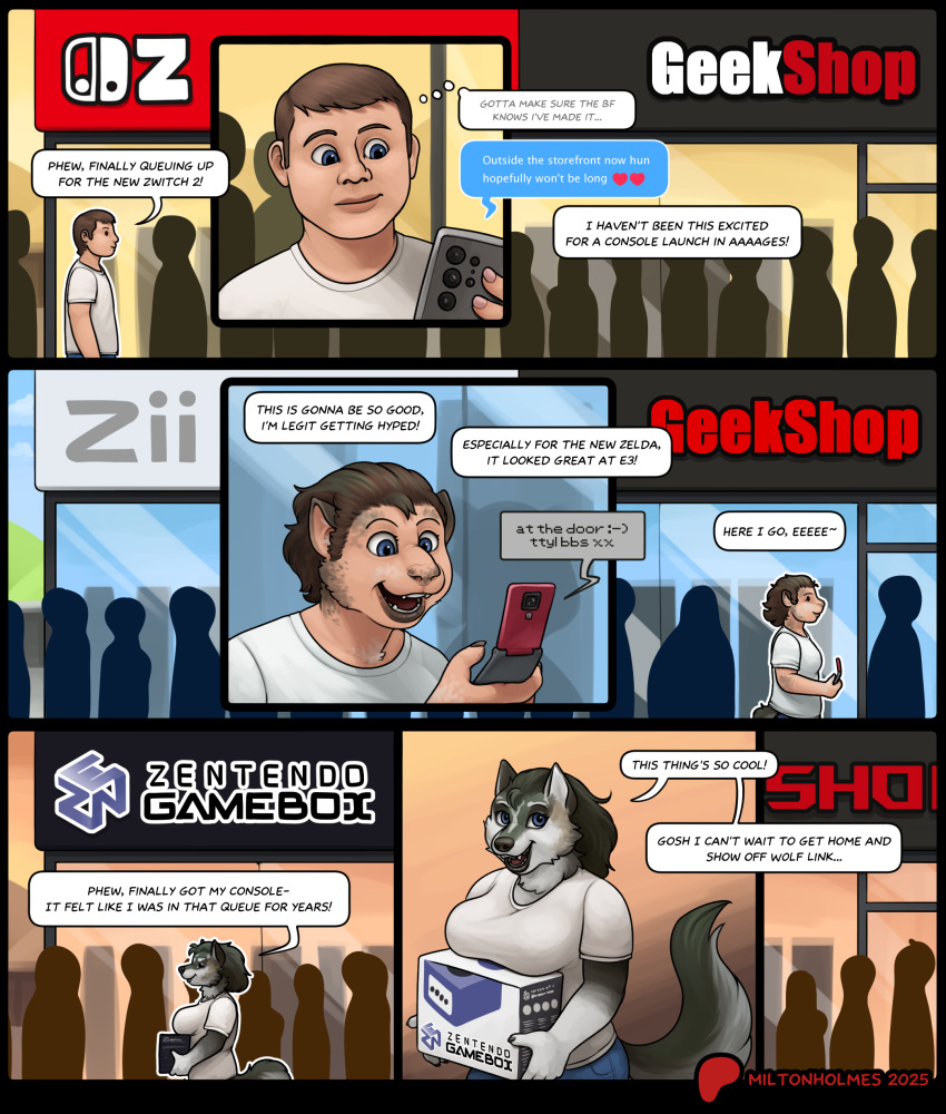 2025 absurd_res anthro blue_eyes bottomwear box breast_growth breasts canid canine canis clothing container crossgender dialogue digital_media_(artwork) electronics english_text female gamecube gender_transformation group growth hi_res holding_box holding_container holding_object holding_phone human human_to_anthro link_(wolf_form) male mammal milton_(miltonholmes) miltonholmes mtf_crossgender mtf_transformation nintendo pants phone shirt smile solo_focus species_transformation tail tail_growth text the_legend_of_zelda time_travel topwear transformation twilight_princess white_clothing white_shirt white_topwear wolf