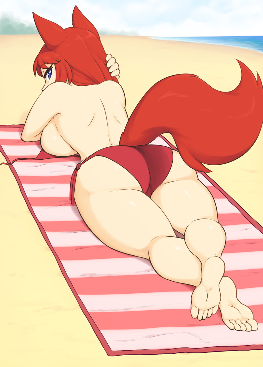2017 5_fingers 5_toes animal_humanoid barefoot beach big_breasts bikini blue_eyes breasts butt canine clothing eyebrows eyelashes female fluffy fluffy_tail fox hair humanoid kaitlin looking_at_viewer looking_back mammal red_hair sea seaside skecchiart solo sunbathing swimsuit toes towel water