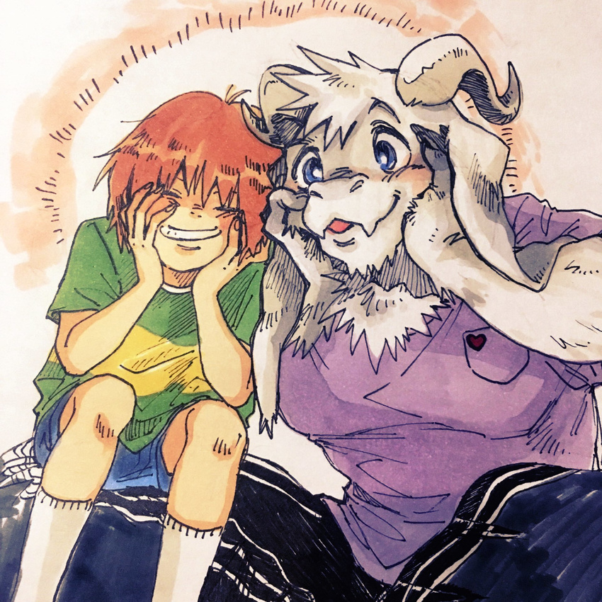 1other androgynous asriel_dreemurr blue_eyes chara_(undertale) child closed_eyes green_shirt grin haramushi highres horns indian_style monster_boy older shirt shorts sitting sitting_on_lap sitting_on_person smile socks spoilers striped striped_shirt t-shirt undertale