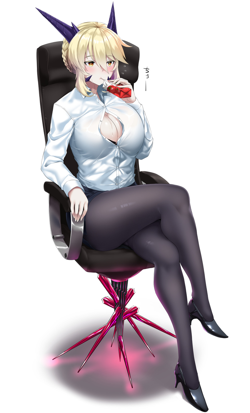 adapted_object artoria_pendragon_(all) artoria_pendragon_(lancer_alter) bangs black_bra black_footwear black_legwear black_skirt blonde_hair bra bra_peek braid breasts brown_eyes business_suit button_gap chair cleavage closed_mouth crossed_legs dark_rhongomyniad dress_shirt eyebrows_visible_through_hair fate/grand_order fate_(series) formal full_body hair_between_eyes high_heels highres hitotsuki_nebura juice_box large_breasts office_chair office_lady open_clothes open_shirt pantyhose partially_unbuttoned pencil_skirt shirt shoes short_hair sidelocks simple_background sitting skirt solo suit thighs tomato_juice tsurime unbuttoned unbuttoned_shirt underwear white_background