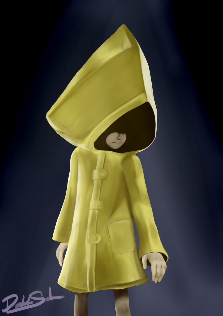 2017 absurd_res ambiguous_gender bottomless clothed clothing digital_media_(artwork) distantsouls hi_res human invalid_tag little_nightmares mammal not_furry raincoat simple_background solo video_games young