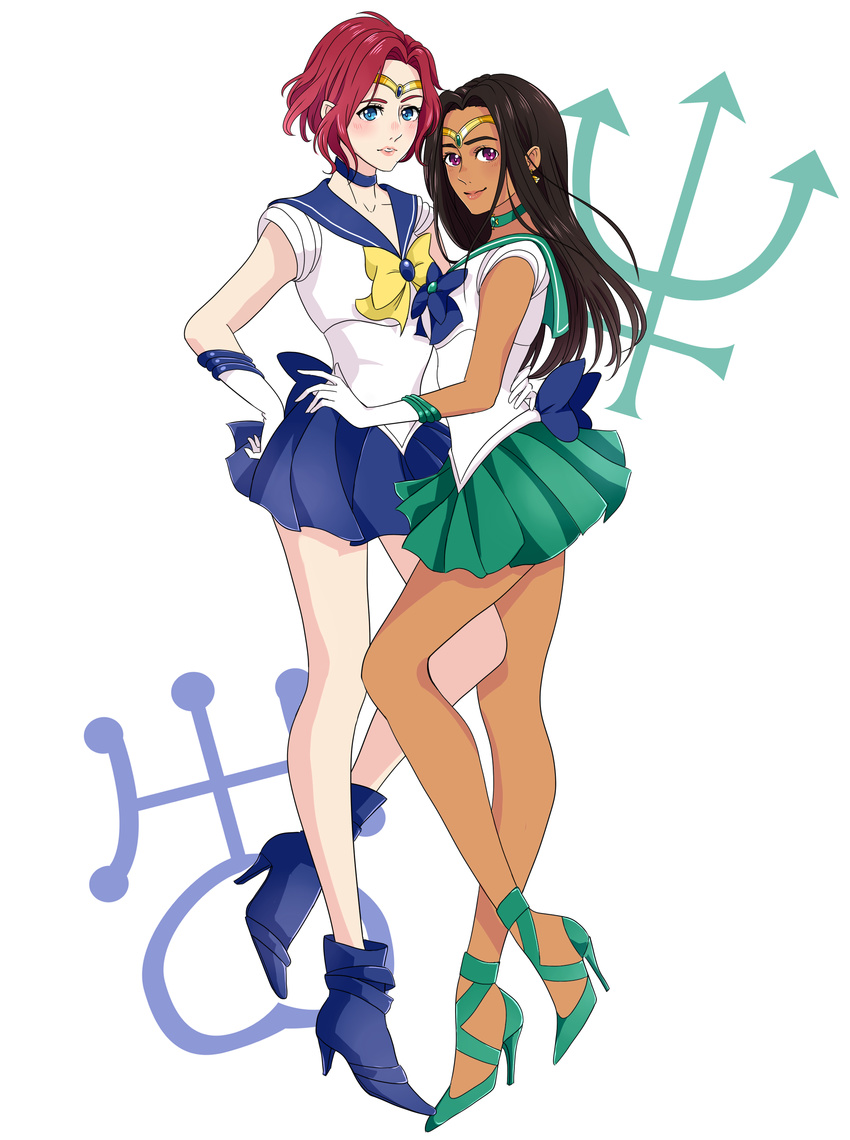 absurdres bishoujo_senshi_sailor_moon black_hair blue_eyes choker cosplay dark_skin gloves hand_on_another's_hip high_heels highres lips mila_babicheva multiple_girls neptune_symbol outer_senshi pleated_skirt purple_eyes red_hair ri_(rianemone) sailor_collar sailor_neptune sailor_neptune_(cosplay) sailor_senshi sailor_senshi_uniform sailor_uranus sailor_uranus_(cosplay) sara_crispino skirt smile strappy_heels uranus_symbol white_gloves yuri!!!_on_ice