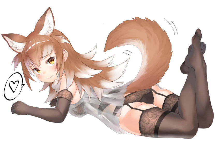 1girl animal_ear_fluff animal_ears black_bra black_garter_belt black_gloves black_legwear black_panties blush bra brown_hair chemise choir_(artist) commentary_request elbow_gloves extra_ears eyebrows_visible_through_hair feet_up from_side full_body garter_belt gloves gradient_hair heart highres japanese_wolf_(kemono_friends) kemono_friends lace lace-trimmed_gloves lace-trimmed_thighhighs lace_panties lingerie long_hair looking_at_viewer looking_to_the_side lying motion_lines multicolored_hair no_shoes on_stomach panties simple_background smile solo spoken_heart tail tail_wagging thighhighs underwear white_background white_hair wolf_ears wolf_tail yellow_eyes