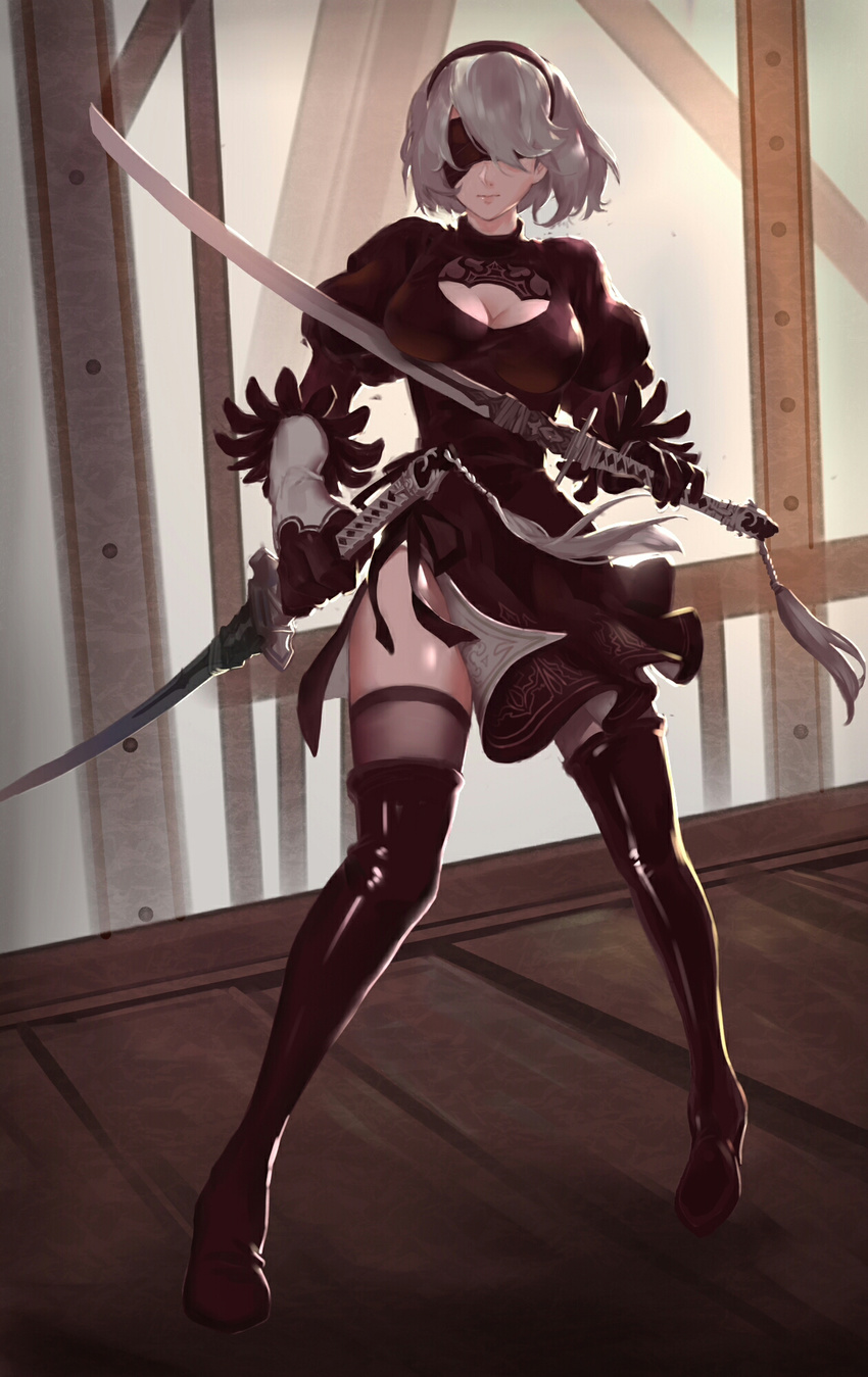 black_blindfold black_dress black_hairband black_legwear blindfold boots breasts cleavage cleavage_cutout closed_mouth covered_eyes dress dual_wielding facing_viewer feather-trimmed_sleeves fighting_stance full_body gloves grey_hair hairband highres holding holding_sword holding_weapon juliet_sleeves katana large_breasts leather leather_boots leotard long_sleeves memoirs nier_(series) nier_automata puffy_sleeves short_hair solo standing sword tassel thigh_boots thighhighs thighhighs_under_boots turtleneck turtleneck_dress vambraces weapon yorha_no._2_type_b