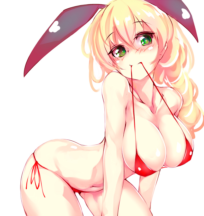 animal_ears arched_back balloon_vine_(flower_knight_girl) bikini blonde_hair blush breasts bunny_ears collarbone cowboy_shot eyebrows_visible_through_hair flower_knight_girl green_eyes keikotsu large_breasts leaning_forward long_hair looking_at_viewer mouth_hold red_bikini shiny shiny_skin side-tie_bikini skindentation smile solo swimsuit white_background
