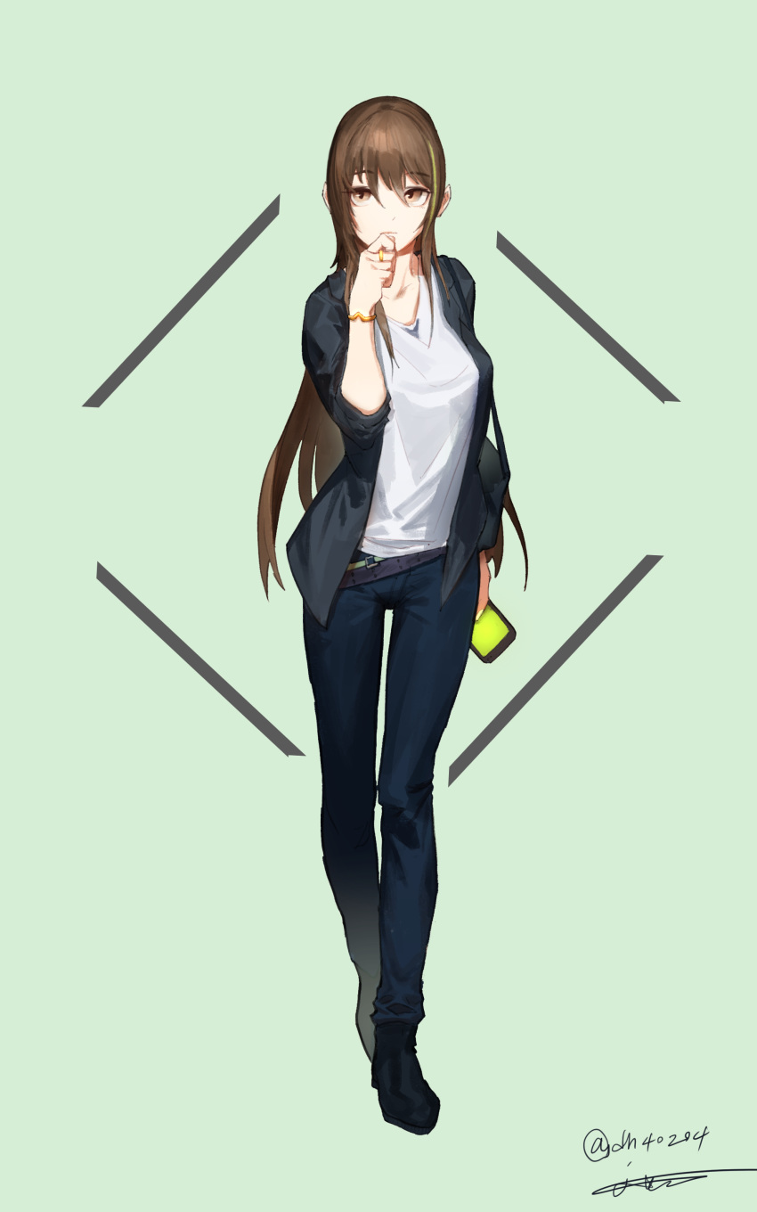 absurdres alternate_costume bangs belt black_footwear black_jacket blue_pants bracelet breasts brown_eyes brown_hair casual cellphone closed_mouth collarbone expressionless eyebrows_visible_through_hair full_body girls_frontline green_background green_hair hair_between_eyes hand_on_own_chin hand_up highres holding holding_phone jacket jewelry junexp long_hair long_sleeves looking_up m4a1_(girls_frontline) medium_breasts multicolored_hair open_clothes open_jacket pants phone ring shirt shoes sidelocks signature sleeves_pushed_up smartphone solo standing streaked_hair twitter_username white_shirt wing_collar