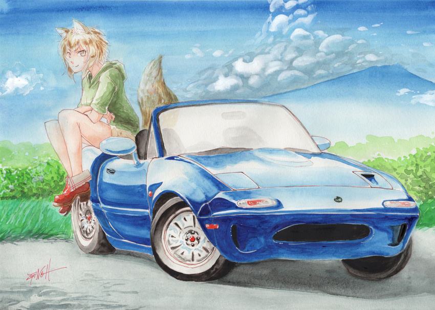 &gt;:) animal_ears ankle_boots arm_support artist_name bangs blue_sky boots brown_eyes brown_hair brown_shorts car character_request closed_mouth cloud cloudy_sky commentary_request crossed_arms day eunos_roadster eyebrows_visible_through_hair eyelashes eyes_visible_through_hair fox_ears fox_girl fox_tail grass ground_vehicle hair_between_eyes high_heel_boots high_heels highres hood hoodie looking_at_viewer motor_vehicle mountain on_vehicle original outdoors parted_bangs red_footwear road short_hair short_shorts shorts signature sitting sky sleeves_rolled_up slit_pupils smile solo tail tesun_(g_noh) traditional_media tree v-shaped_eyebrows watercolor_(medium)