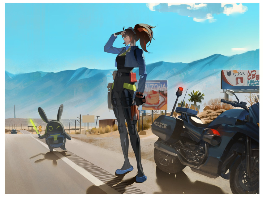 1girl bangboo_(zenless_zone_zero) black_hair black_pants blue_jacket blue_sky border breasts day dumog full_body hairband high-waist_pants highres jacket large_breasts looking_afar metal_hairband motor_vehicle motorcycle mountain multicolored_hair outdoors pants police police_motorcycle police_uniform policewoman ponytail red_hair road securityboo_(zenless_zone_zero) sky solo streaked_hair street white_border zenless_zone_zero zhu_yuan