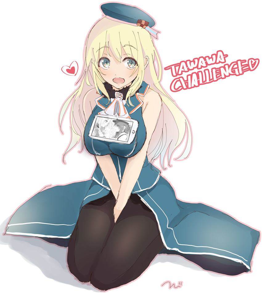 atago_(kantai_collection) bare_shoulders beret between_legs black_legwear blonde_hair blue_eyes breasts commentary_request english eyebrows eyebrows_visible_through_hair full_body hand_between_legs hat heart highres kantai_collection large_breasts long_hair looking_at_viewer object_on_breast open_mouth pantyhose seiza simple_background sitting solo tawawa_challenge tebi_(tbd11) white_background