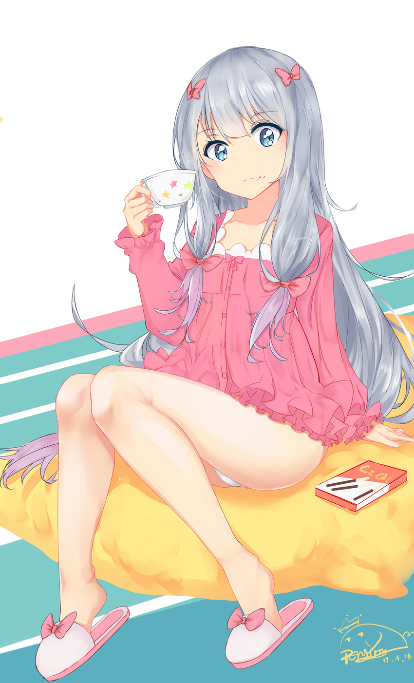 1girl 2017 absurdres arm_at_side bad_id bad_pixiv_id bangs blue_eyes bow buttons closed_mouth collarbone cup dated drawing_tablet eromanga_sensei eyebrows_visible_through_hair food food_on_face frilled_sleeves frills full_body gradient gradient_hair hair_bow highres holding holding_cup izumi_sagiri knees_together_feet_apart knees_up legs long_hair long_sleeves looking_at_viewer low-tied_long_hair multicolored_hair pajamas panties pantyshot peng_yong pillow pink_bow pocky purple_hair sidelocks signature silver_hair sitting sitting_on_pillow slippers solo teacup underwear very_long_hair white_panties