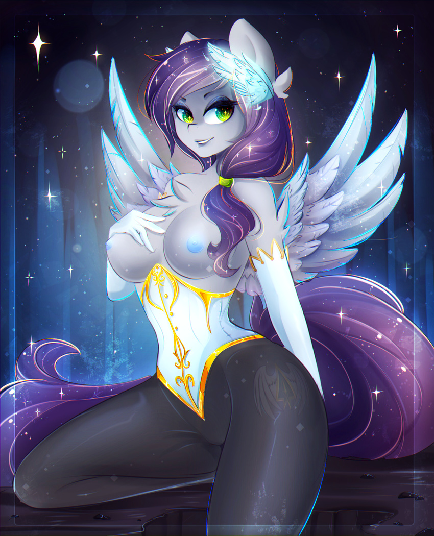 anthro areola blue_areola blue_nipples breasts equine eyelashes fan_character feathered_wings feathers fur green_eyes grey_feathers grey_fur kneeling koveliana mammal my_little_pony nipples pegasus smile wide_hips wings