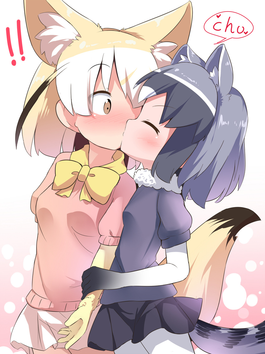 2girls animal_ears arm_grab black_skirt blonde_hair blush bow bowtie brown_eyes closed_eyes commentary common_raccoon_(kemono_friends) elbow_gloves eyes_visible_through_hair fennec_(kemono_friends) fox_ears fox_tail gloves grey_hair grey_shirt highres kemono_friends kiss makuran multicolored_hair multiple_girls pantyhose pink_shirt raccoon_ears raccoon_tail shirt short_hair skirt tail white_hair white_legwear white_skirt yellow_bow yuri