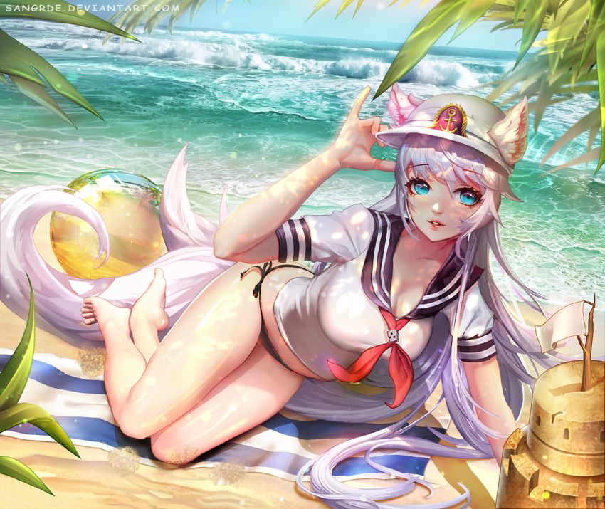 anchor_symbol animal_ears artist_name beach bikini black_bikini_bottom black_sailor_collar blouse blue_eyes breasts cat_ears cleavage comic_sans day deviantart_username feet flower highres long_hair looking_at_viewer lying medium_breasts multiple_tails neckerchief on_side outdoors red_neckwear sailor_collar sand sand_castle sand_sculpture sangrde school_uniform serafuku short_sleeves side-tie_bikini solo summer sunlight swimsuit tail towel tree very_long_hair water watermark waves web_address white_blouse white_flower white_hair