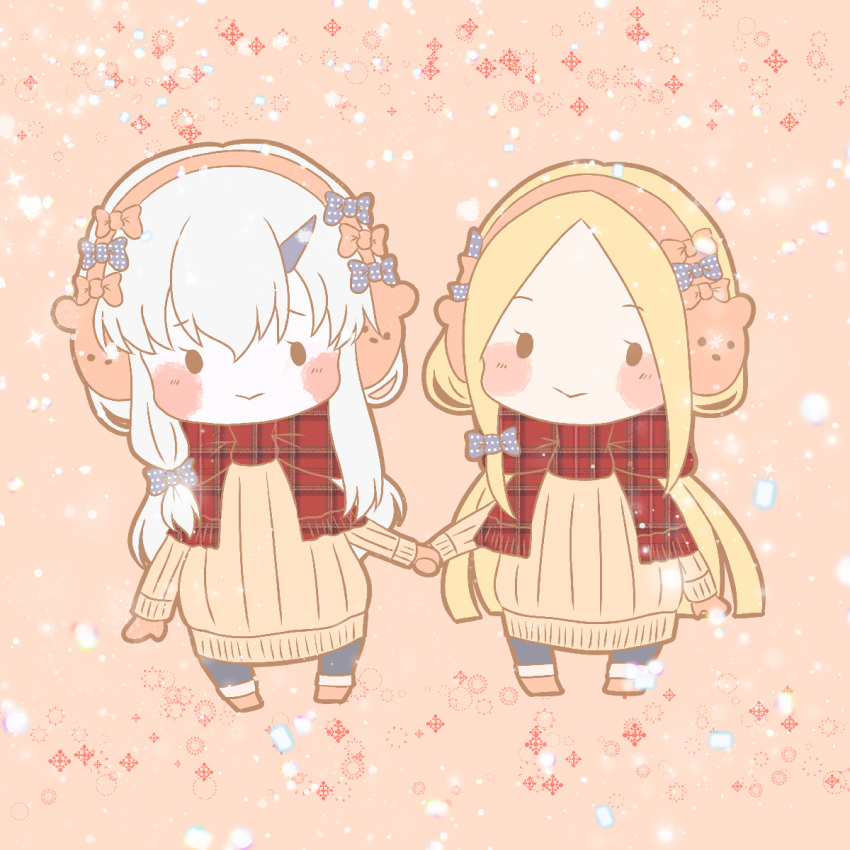 2girls :&gt; abigail_williams_(fate/grand_order) animal_earmuffs bangs black_bow black_legwear blonde_hair blush_stickers boots bow brown_footwear brown_mittens brown_sweater chibi closed_mouth commentary_request earmuffs eyebrows_visible_through_hair fate/grand_order fate_(series) forehead hair_between_eyes hair_bow hand_holding highres horn lavinia_whateley_(fate/grand_order) long_hair long_sleeves looking_at_viewer mittens multiple_girls orange_bow pantyhose parted_bangs polka_dot polka_dot_bow posotoposoto ribbed_sweater sidelocks solid_circle_eyes sweater very_long_hair white_hair