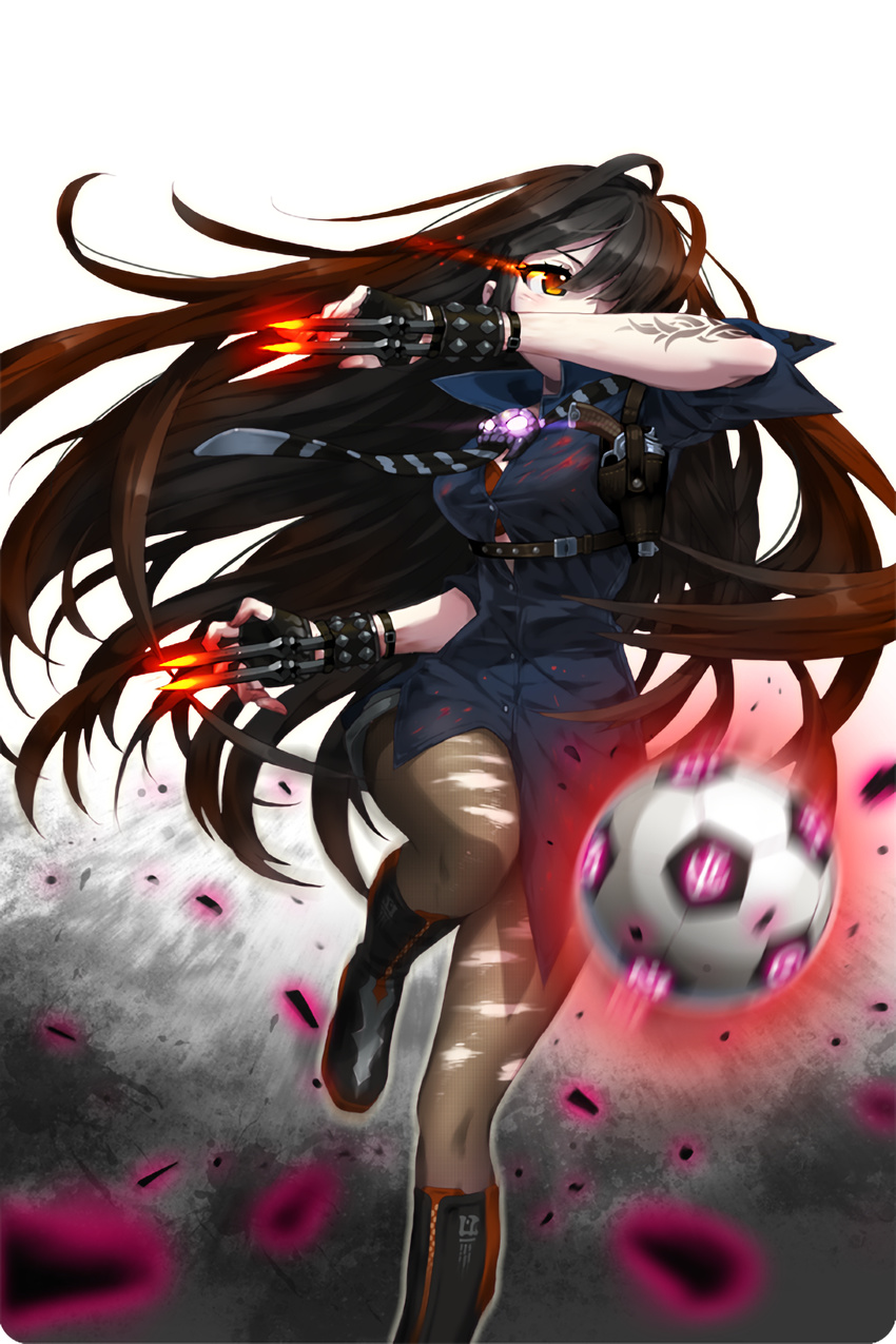 ball belt black_footwear boots brown_hair comiccho crovia_(soccer_spirits) fingerless_gloves gloves gun highres holster knee_boots long_hair looking_to_the_side necktie official_art pantyhose red_eyes skull soccer_ball soccer_spirits solo standing standing_on_one_leg striped striped_neckwear studded_bracelet tattoo torn_clothes torn_legwear transparent_background very_long_hair weapon