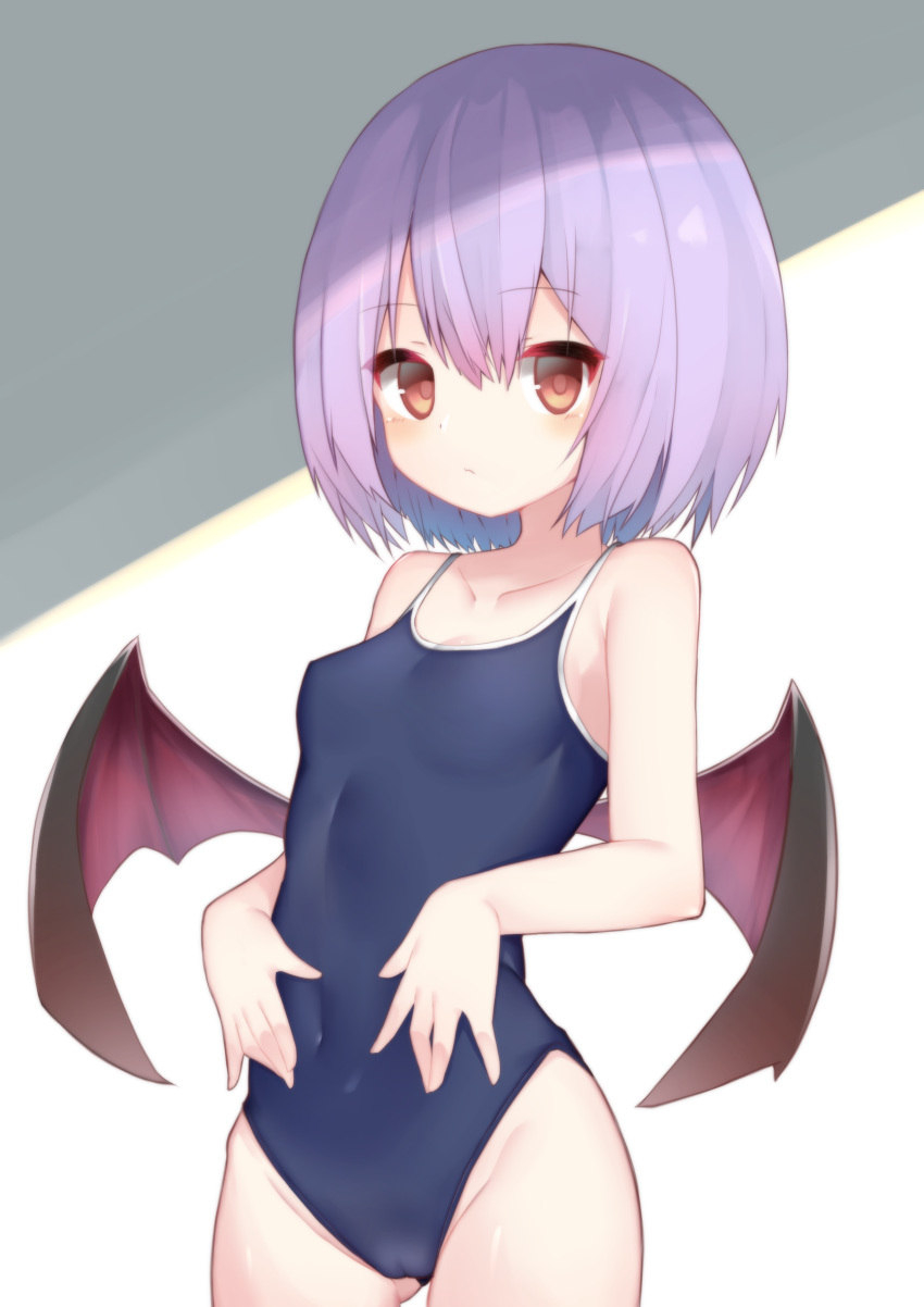 1girl absurdres bat_wings blue_swimsuit breasts cameltoe closed_mouth collarbone covered_navel cowboy_shot expressionless eyebrows_visible_through_hair gluteal_fold gradient gradient_background grey_background hair_between_eyes hands_on_stomach highres medium_hair mm2k new_school_swimsuit purple_hair red_eyes remilia_scarlet school_swimsuit shiny shiny_skin small_breasts solo swimsuit tareme touhou white_background wings