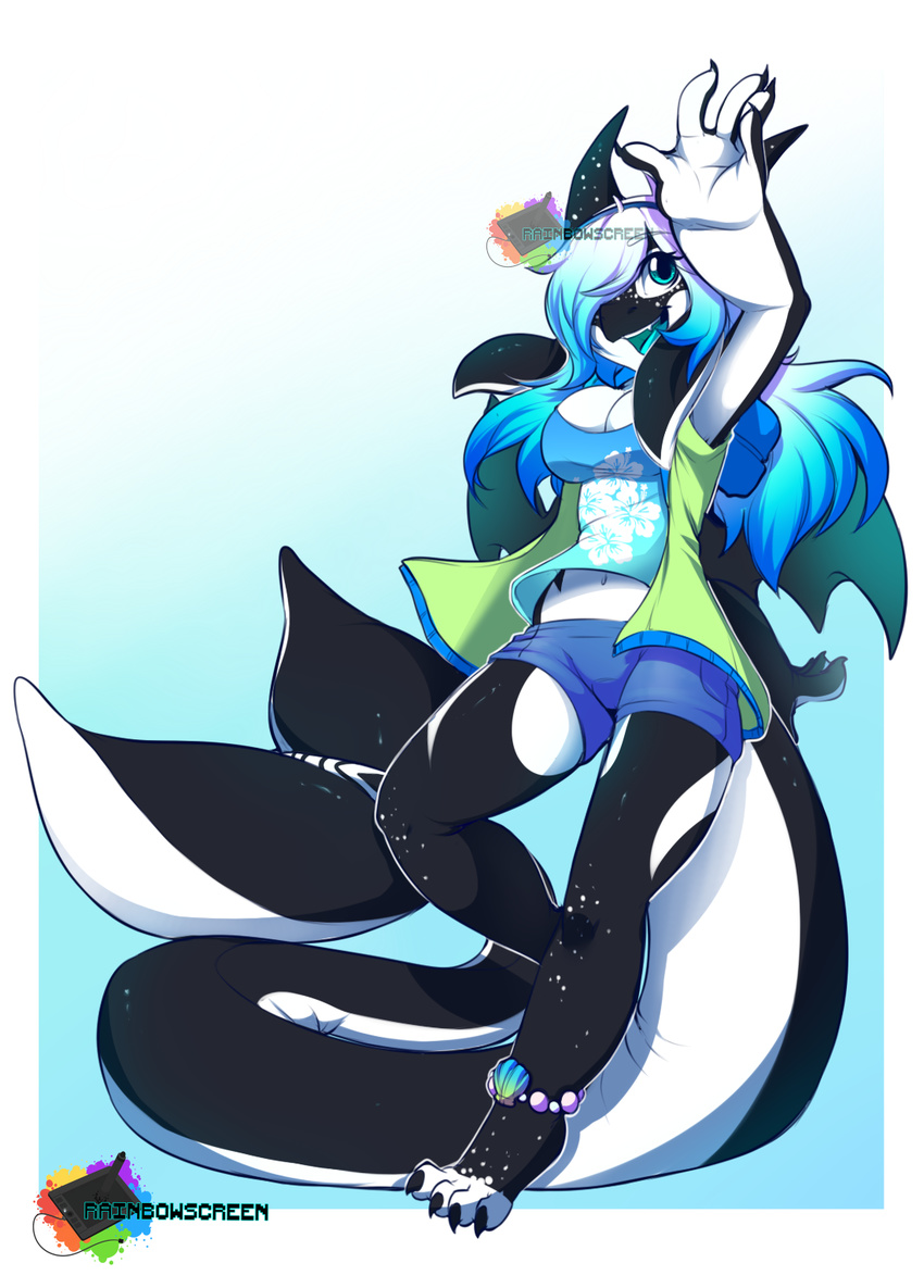 2017 anthro blue_eyes breasts cetacean claws cleavage clothed clothing dragon female gradient_background hair hair_over_eye hi_res hybrid long_hair mammal marine midriff navel open_mouth orca penelope rainbowscreen simple_background solo toe_claws whale wings