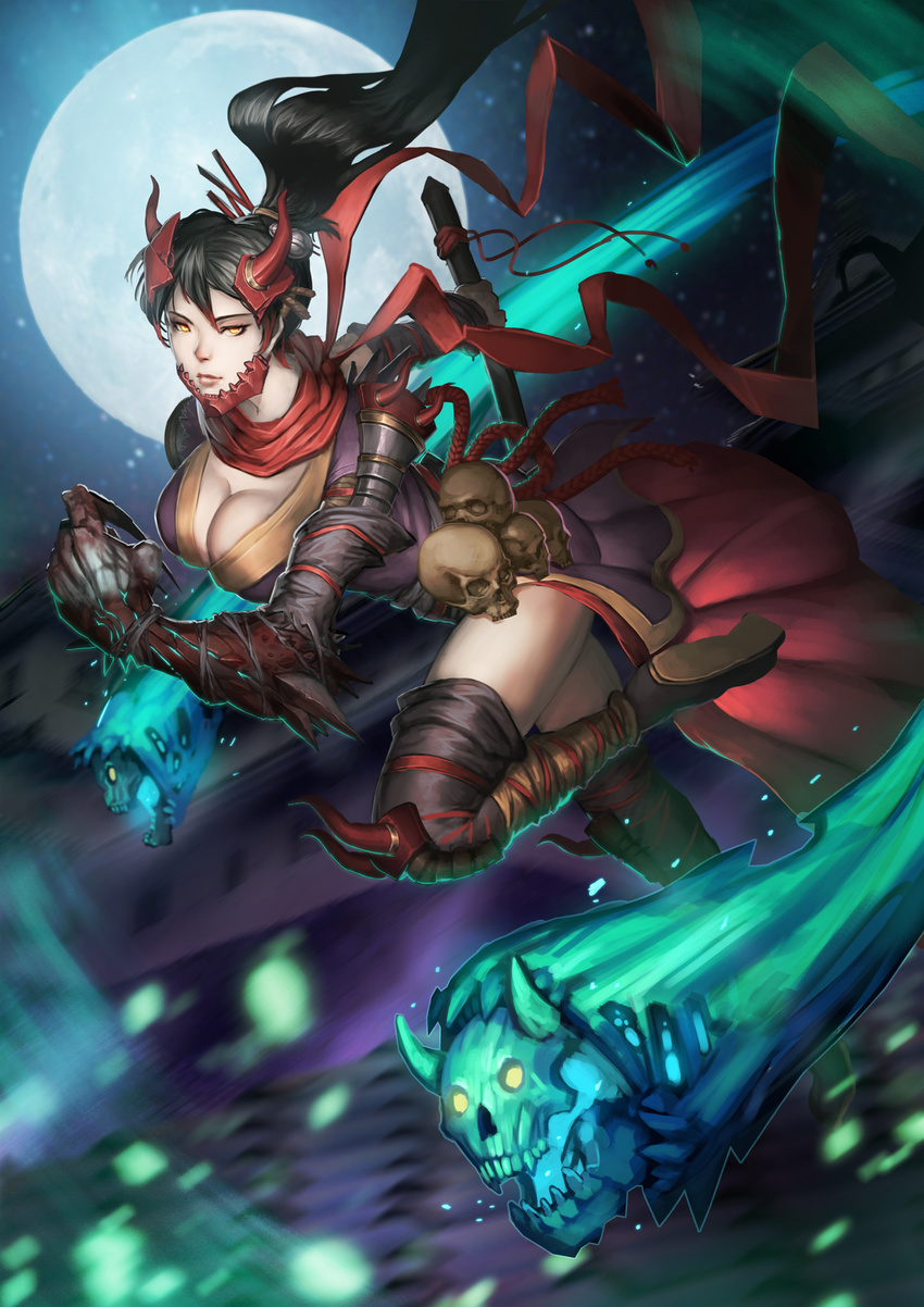 black_hair breasts claws cleavage full_body full_moon ghost hair_ornament highres katana long_hair looking_at_viewer moon night night_sky oni oni_horns ponytail purple_legwear red_scarf scarf shoulder_spikes skull sky sola_(sgt_smile) solo spikes sword weapon yellow_eyes
