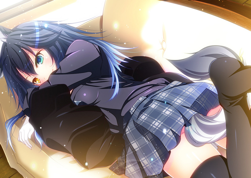 animal_ears black_hair black_jacket black_legwear blue_eyes blue_hair blush closed_mouth commentary couch gradient_hair grey_wolf_(kemono_friends) hair_between_eyes heterochromia jacket kemono_friends long_hair long_sleeves looking_at_viewer lying multicolored_hair natsumikan on_stomach plaid plaid_skirt skirt smile solo tail thighhighs wolf_ears wolf_tail yellow_eyes